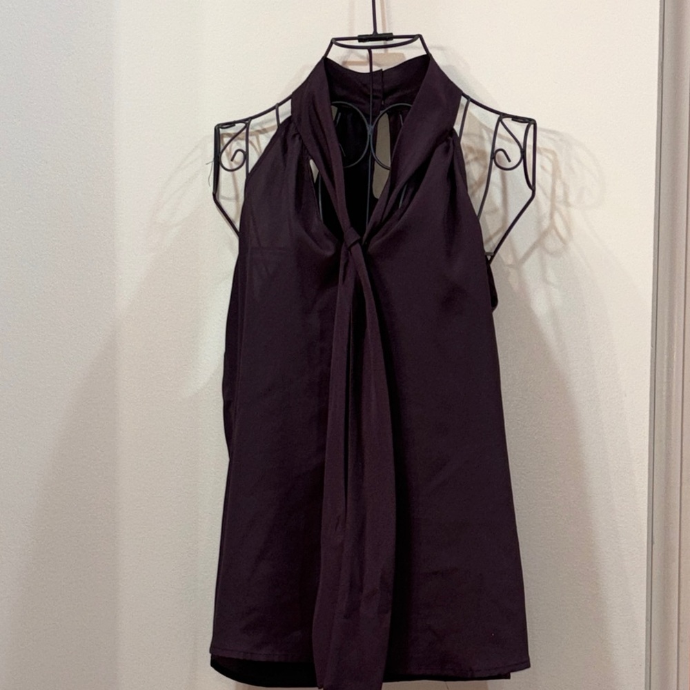 Banana Republic Silk Look Halter M Purple Pussybow Tie Neck Blouse Sleeveless